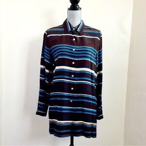 Vintage Liz Claiborne Silk Women's Blue Brown Striped Blouse Button Front Shirt